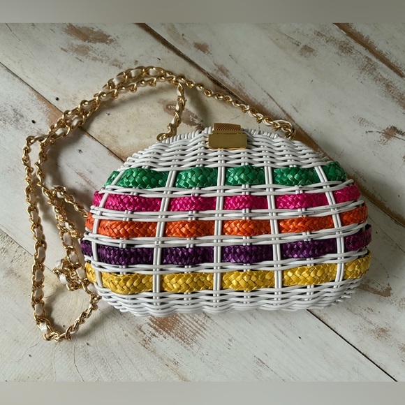 Vintage 70s purse picnic basket style plastic coated wicker shoulder bag EUC - Picture 7 of 15